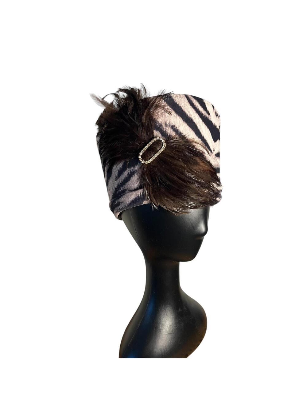 Vintage Runway Zebra Print Pillbox Hat with Feather and Rhinestone Brooch - Picture 2 of 5